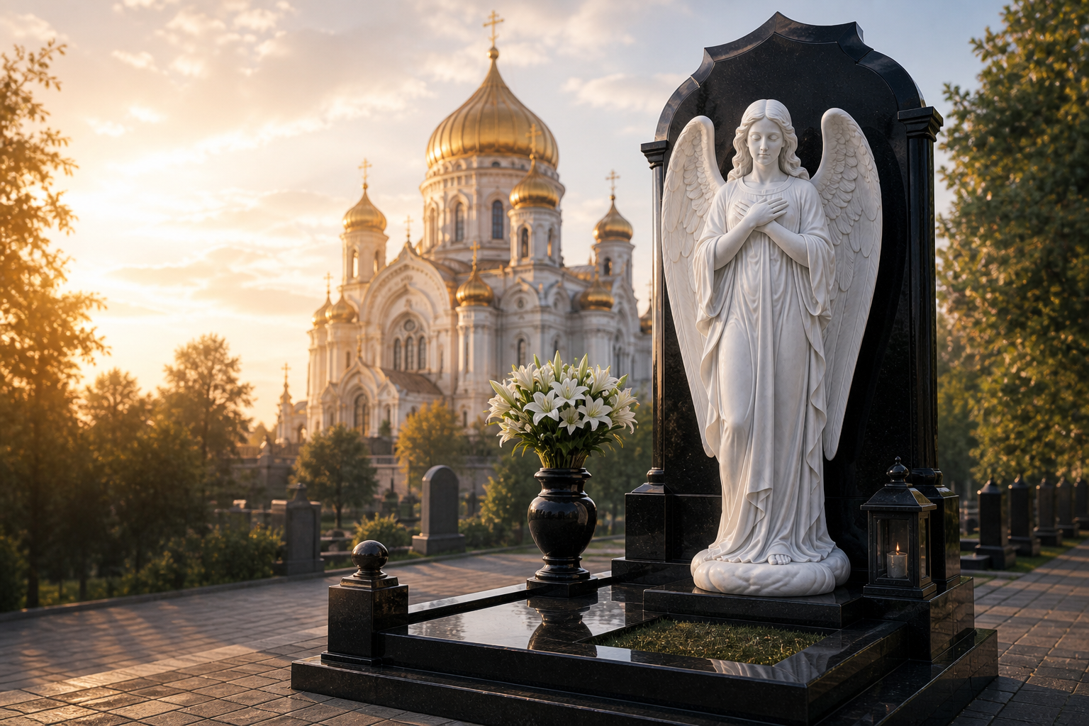 Православный храм с золотыми куполами, могила из чёрного гранита и белый ангел — AngelGranit